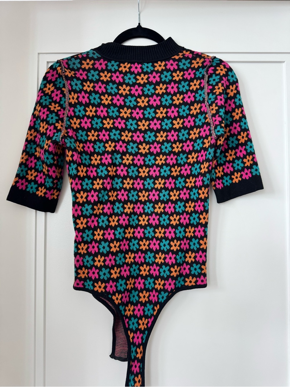 Free People Black Floral Jacquard Short Sleeve Bodysuit